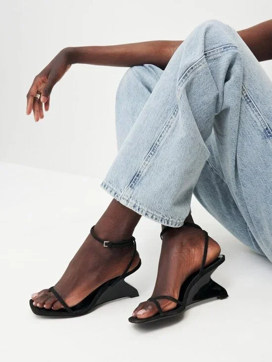 New Reformation Emilia Wedge Sandal Black Sz 7.5 - Picture 2 of 12